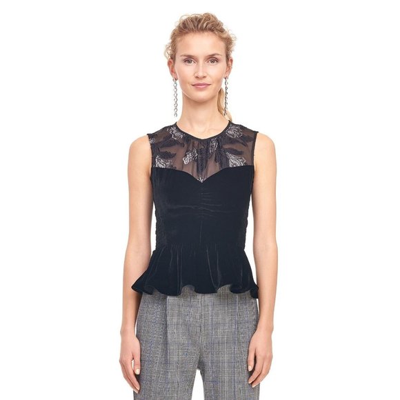 Rebecca Taylor NWT Metallic Black Peplum Top Sleeveless Velvet Organza Blouse 6 - Picture 1 of 7